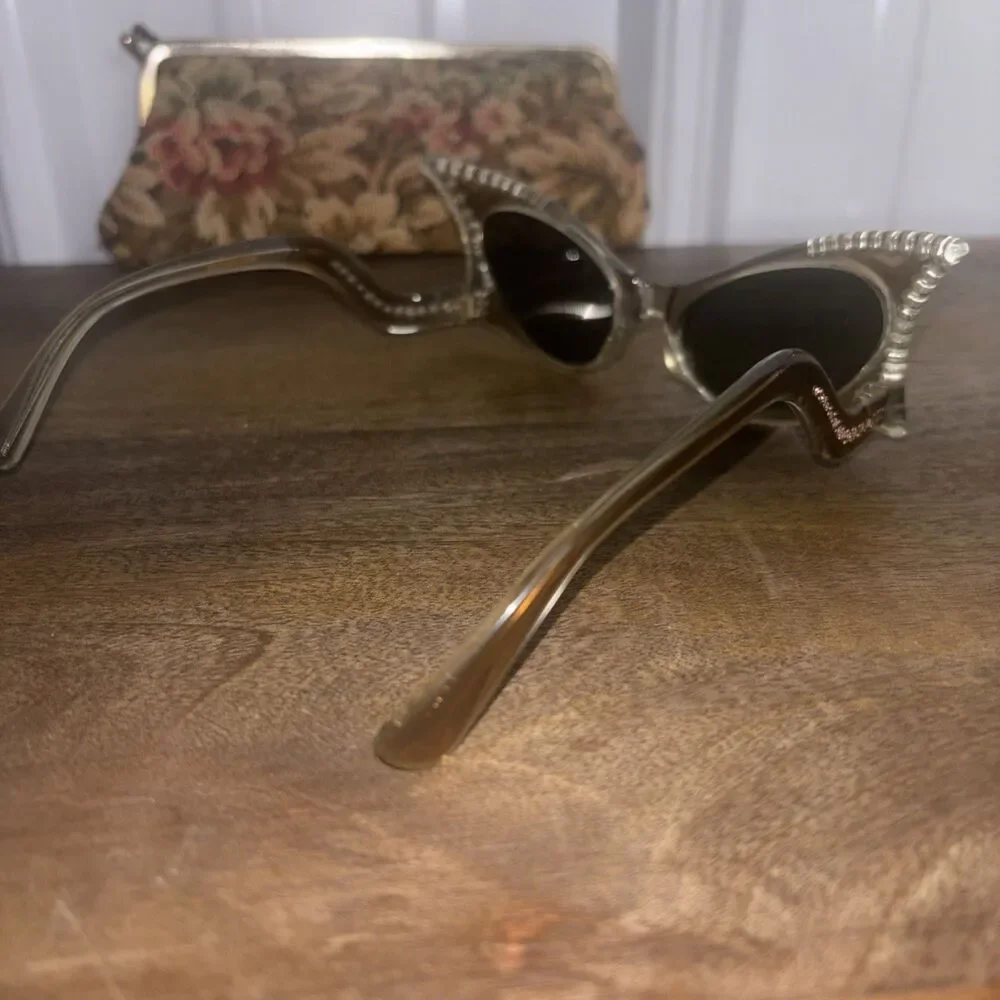 Vintage French Rhinestone Cat Eye Sunglasses w/soft Case EUC
